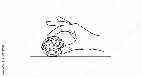 A line drawing of a hand delicately holding a cracked walnut