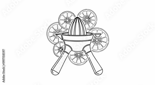 A manual citrus juicer sits among sliced citrus fruits in a sketch