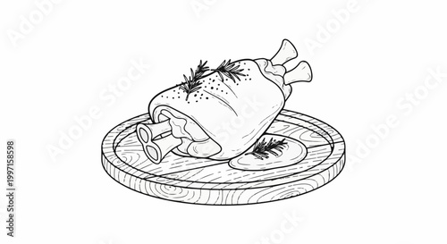 A roasted pork knuckle with rosemary and seasoning on a wooden board