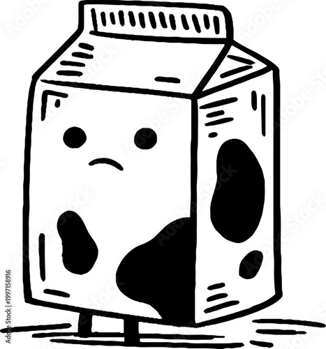 Milk carton character standing with neutral face on surface