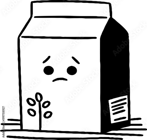 Plant milk carton character looking worried on tabletop surface