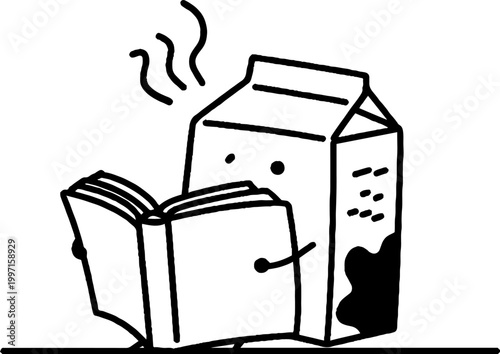 Milk carton character reading steaming book on flat surface