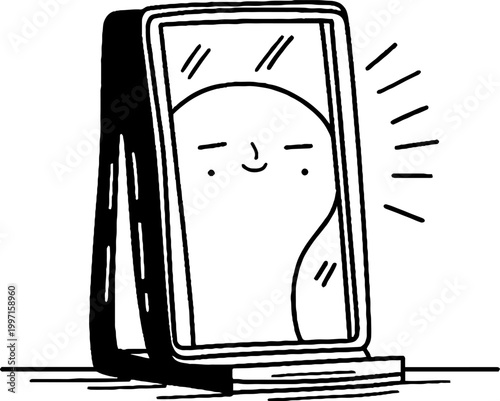 Standing mirror reflecting smiling face on tabletop surface