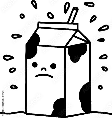 Spotted milk carton with straw sweating droplets on surface