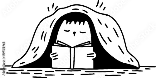 Childlike character reading under blanket on wooden floor