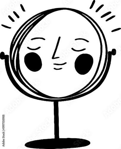 Round mirror smiling with closed eyes on pedestal stand