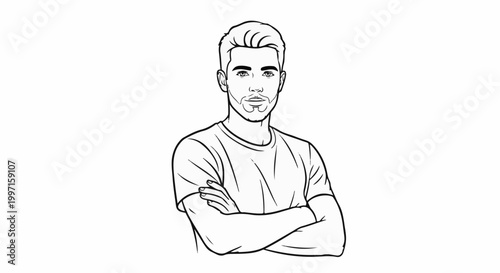 A line drawing of a man with his arms crossed, looking forward