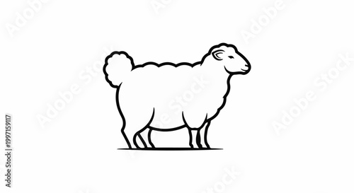 A simple black and white line drawing of a fluffy sheep standing on a ground line