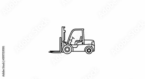 A simple black and white line drawing of a forklift truck on a white background