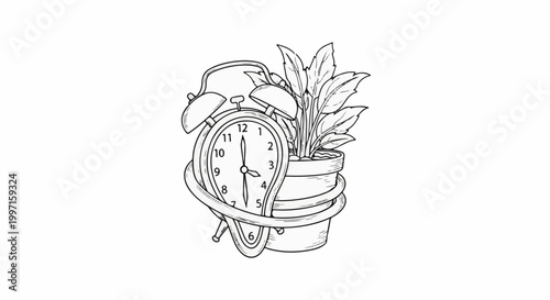 A melting alarm clock entwined with a potted plant