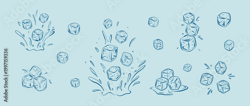 Hand drawn crayon sketch ice cubes in cold blue water. Cold drink freezing. Ice block pyramid, tower. Sugar falling into liquid splash. Doodle outline icon freehand vector illustration. Melting freeze