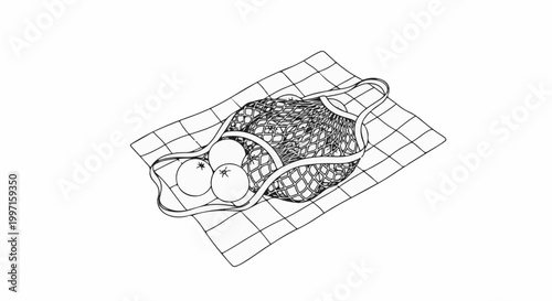 A line drawing of a mesh bag filled with three round items on a grid pattern cloth