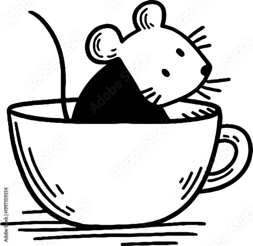 Mouse sitting inside teacup on flat surface line drawing