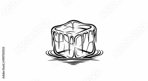 A melting ice cube with dripping edges on a white background