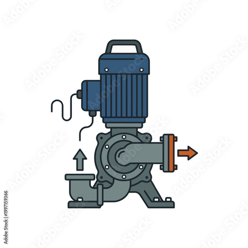 An illustration of a centrifugal pump with an electric motor, showing incoming and outgoing fluid flow.