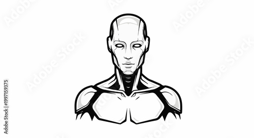 A monochrome illustration of a humanoid robot's head and upper torso