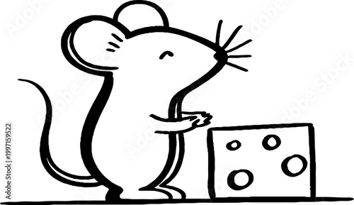 Mouse standing beside block of cheese on flat surface