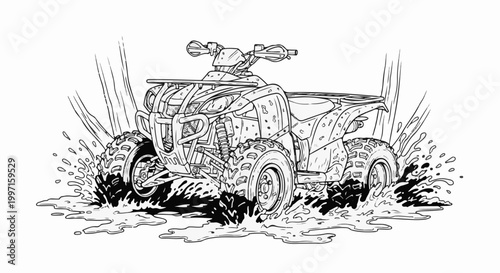 A line drawing of a quad bike splashing through mud and water
