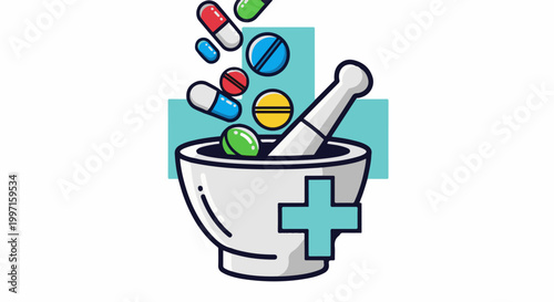 A mortar and pestle grind colorful pills falling into it