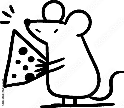 Mouse grasping triangular slice of pizza on flat surface