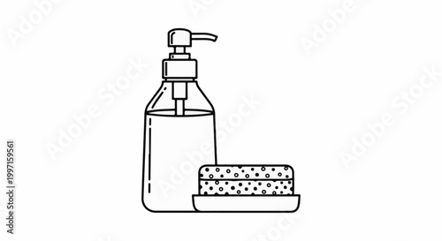 A line drawing of a soap dispenser and a patterned sponge in a dish
