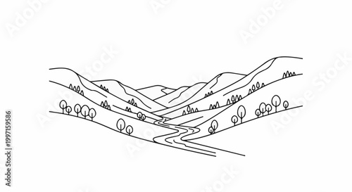 A minimalist black and white line drawing depicts a winding river valley with rolling hills and trees