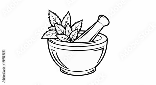 A mortar and pestle with fresh mint leaves