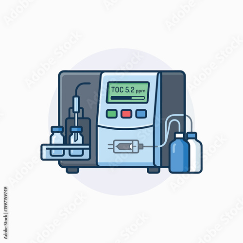 A cartoon illustration of a laboratory instrument, likely a TOC analyzer, with sample vials, tubing, and a digital display showing TOC 5.2 ppm.