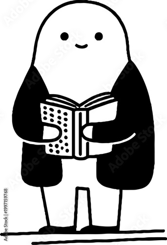 Cute rounded character reading book while standing on floor