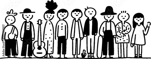 Row of stylized people in diverse lineup illustration