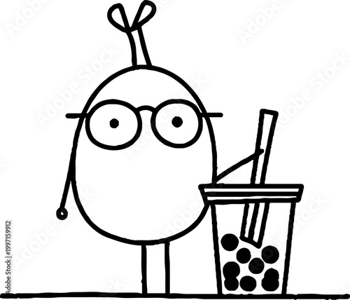 Round character with glasses holding bubble tea cup on table