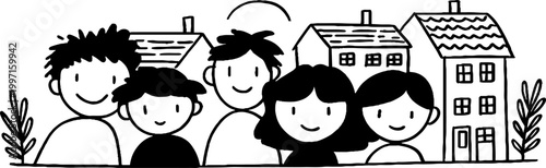 Smiling children and adults posing in residential street scene