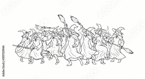 A line of cartoon witches with pointed hats and flowing robes ride brooms