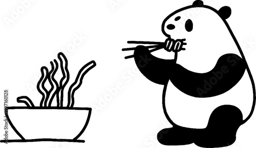 Panda standing and eating noodles beside separate noodle bowl