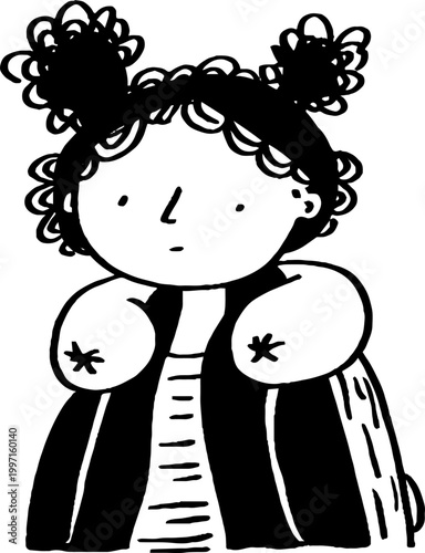 Child with hair buns standing wearing puffy coat sketch