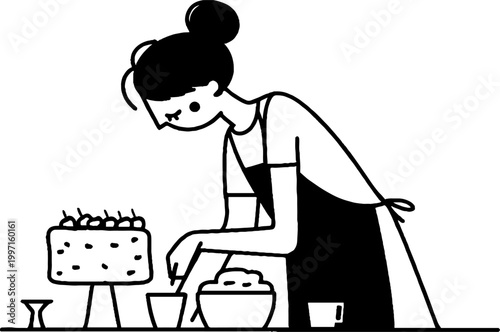 Baker arranging toppings beside cake on kitchen counter