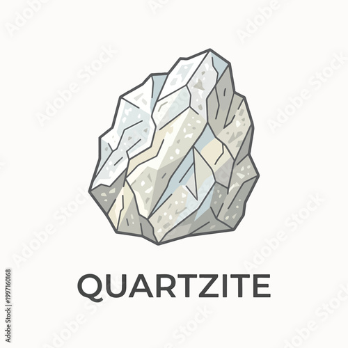 A stylized illustration of a rough, crystalline chunk of quartzite with a white and light gray color palette, set against a white background.