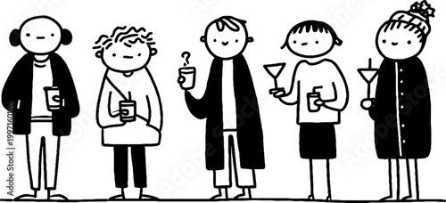 Group of diverse people holding drinks in casual line