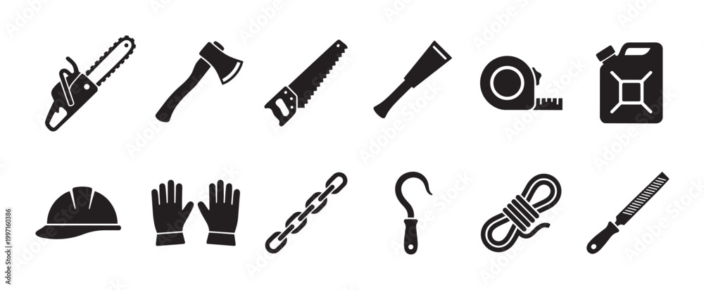 Fototapeta premium A collection of black silhouette icons representing various tools for construction, gardening, and general maintenance, set against a clean white background for versatile use.