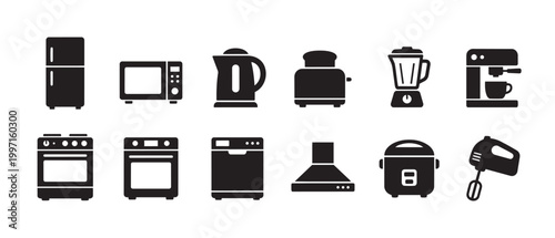 A collection of clean, modern black icons representing various kitchen appliances including a refrigerator, microwave, kettle, toaster, blender, coffee maker, oven, dishwasher, range hood, rice cooker