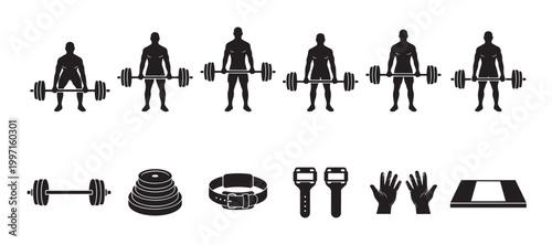 A collection of black silhouettes showcasing weightlifting exercises and essential gym equipment, perfect for fitness and sports-related designs.