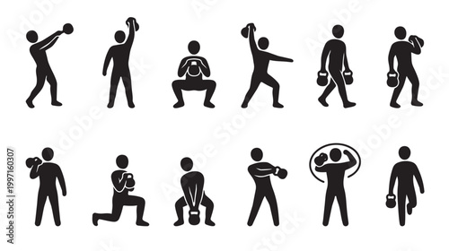 Collection of black silhouette icons depicting various kettlebell exercises on a white background, suitable for fitness and workout graphics.