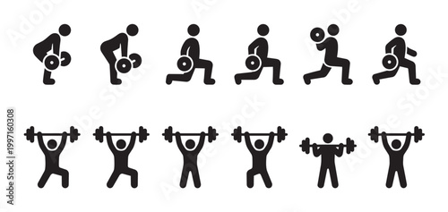 A graphic representation of various fitness exercises and weightlifting movements, depicted as simple black silhouettes against a white background, ideal for health and wellness themes.