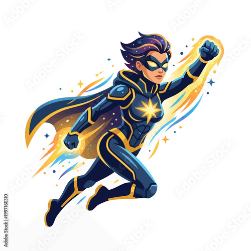 A female superhero in a dark blue suit with gold accents, a yellow cape, and a star emblem flies through the air, leaving a trail of stardust and light.