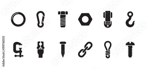 A collection of black vector icons depicting various hardware items like bolts, nuts, hooks, clamps, and chains on a clean white background.