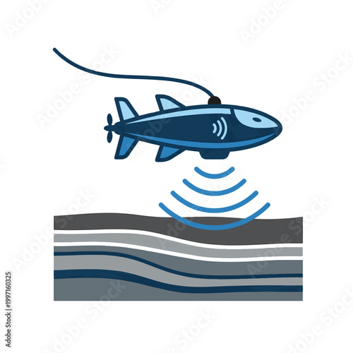A stylized fish-shaped underwater drone emits sonar waves into the layered seabed, representing marine technology and exploration.