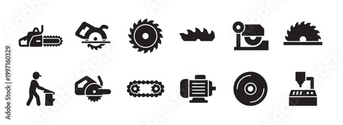 A collection of black vector icons representing various construction and woodworking tools, including saws, a chainsaw, and a motor, on a clean white background.