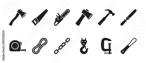 A clean graphic design featuring a collection of black silhouette icons representing various tools and hardware, isolated on a white background.