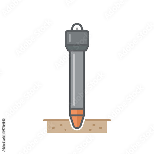 A tool with a cylindrical body and a pointed tip is shown pressing into the ground, creating an indentation.