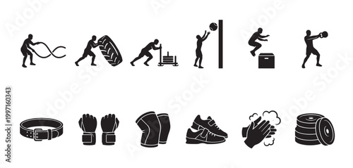 Collection of black silhouette icons representing various fitness activities and equipment, including exercises and personal gear, against a white background.